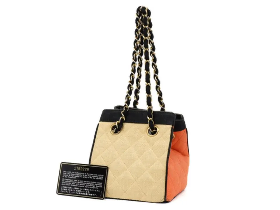 Chanel Bicolor Raffia Straw CC Logo Quilted Chain Basket Bag 858721