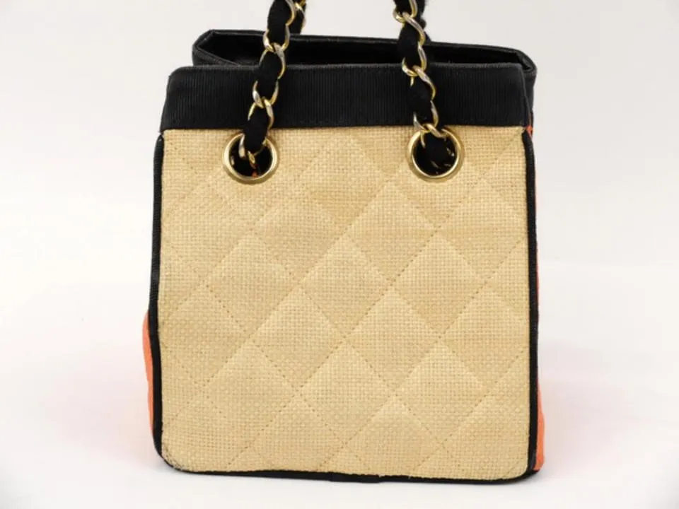 Chanel Bicolor Raffia Straw CC Logo Quilted Chain Basket Bag 858721