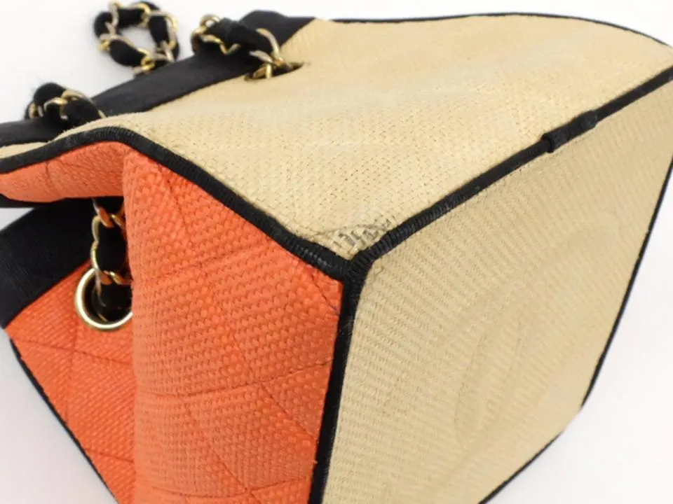 Chanel Bicolor Raffia Straw CC Logo Quilted Chain Basket Bag 858721