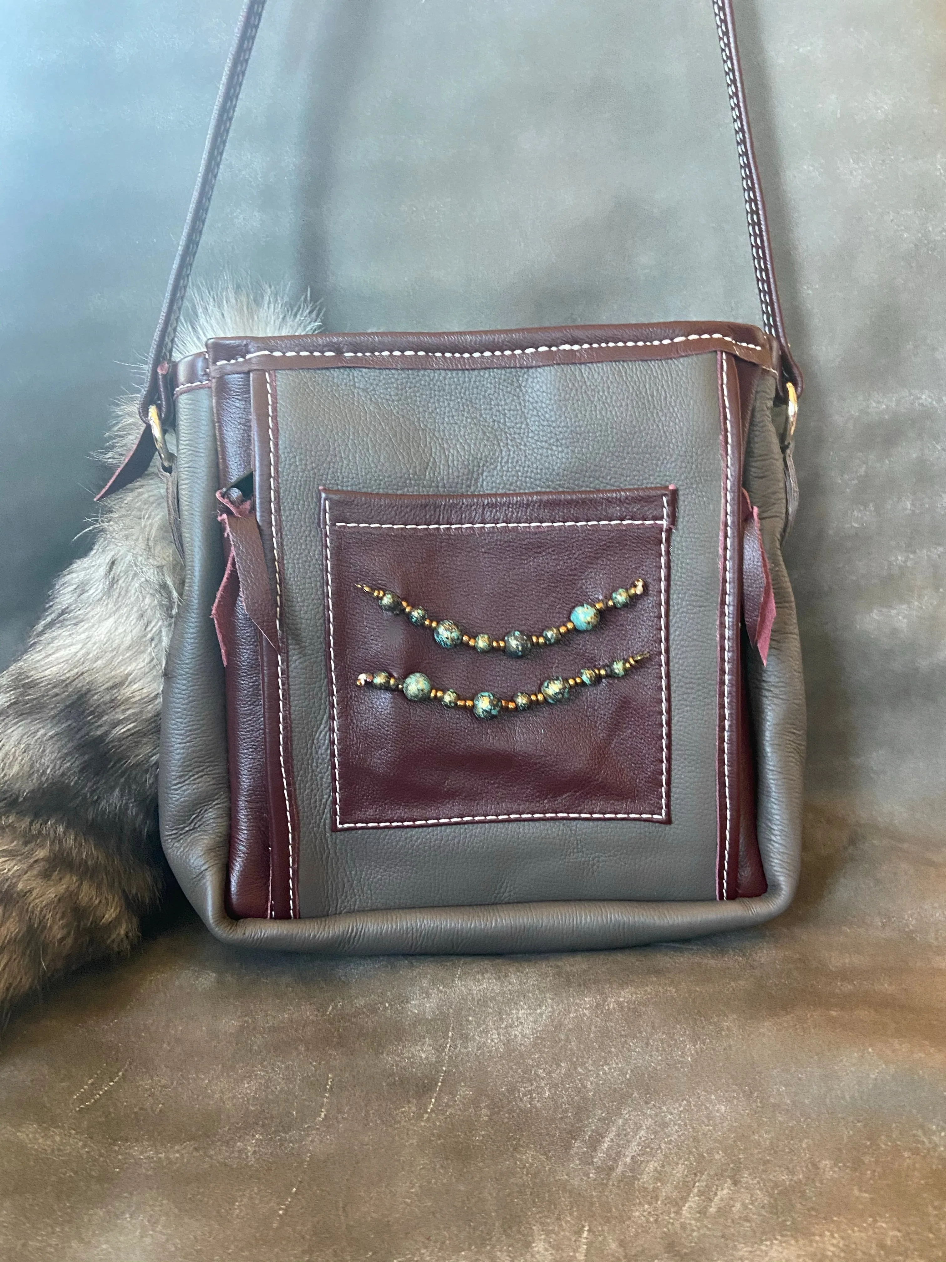 Charcoal and Burgundy Concealed Carry Purse with Foxtail and Turquoise Stones