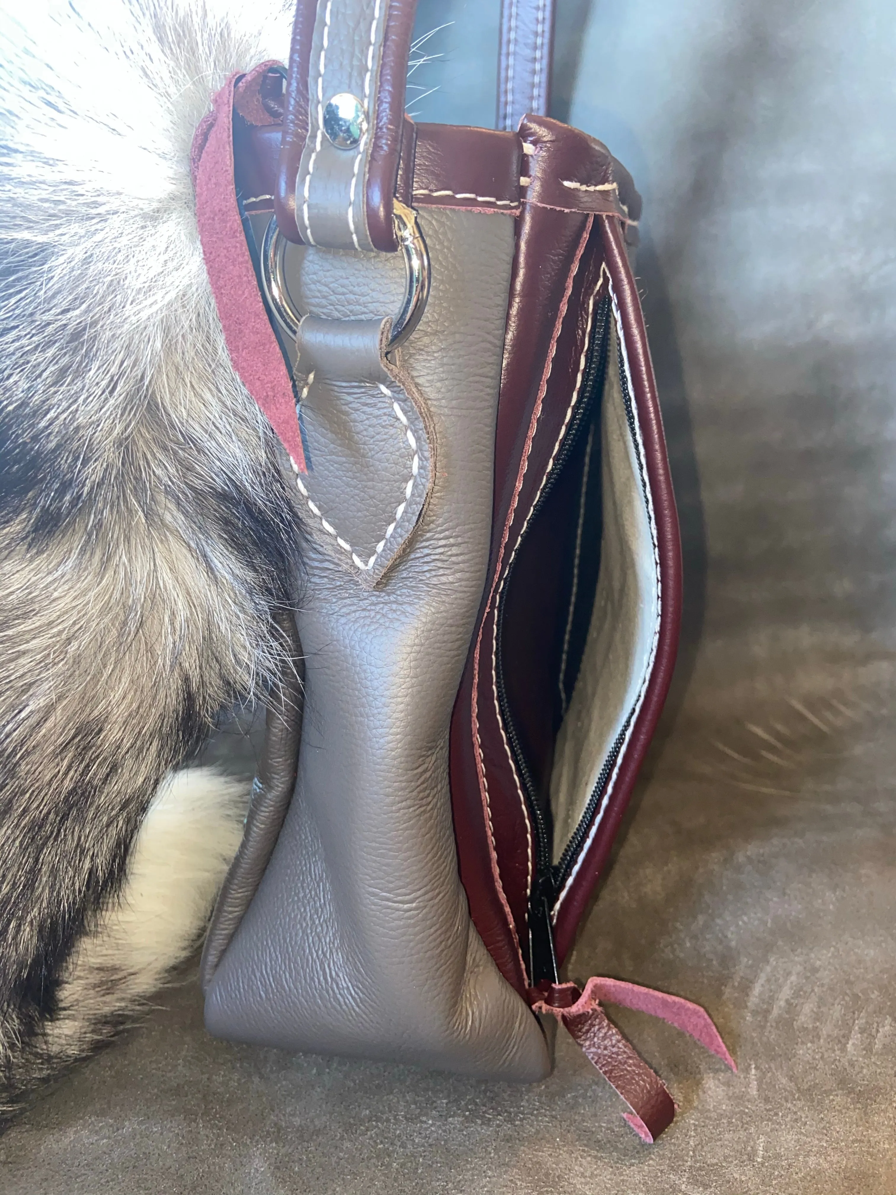 Charcoal and Burgundy Concealed Carry Purse with Foxtail and Turquoise Stones