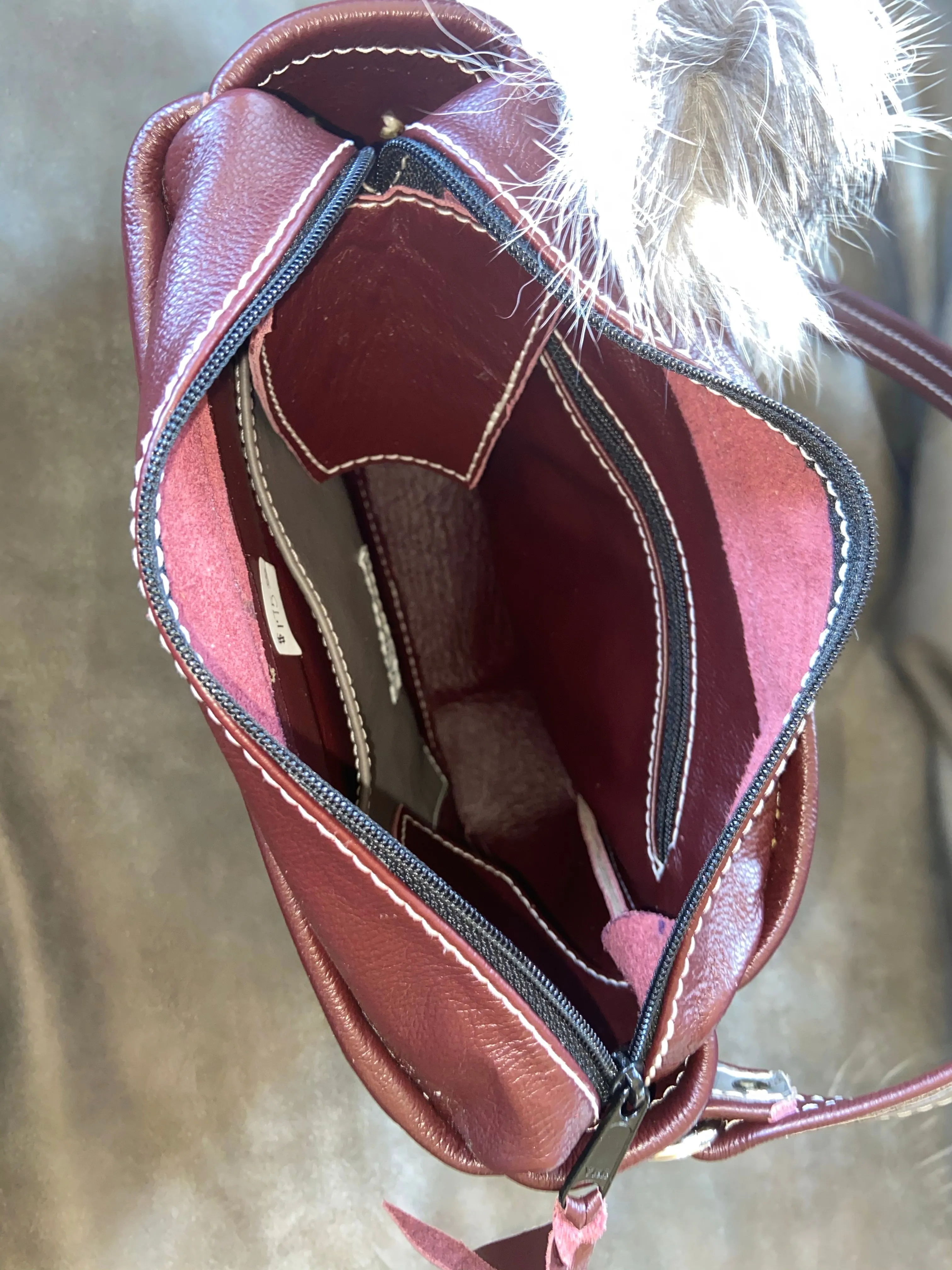 Charcoal and Burgundy Concealed Carry Purse with Foxtail and Turquoise Stones