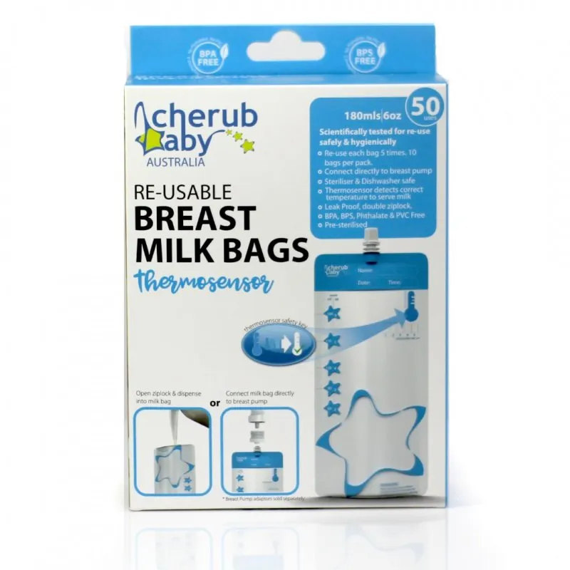 Cherub Baby Reusable Thermosensor Breast Milk Bags 180mL 50 Uses (10pk)