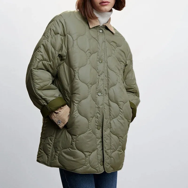 Chic Lightweight Quilted Button-Up Jacket - Retro Army Green Overcoat