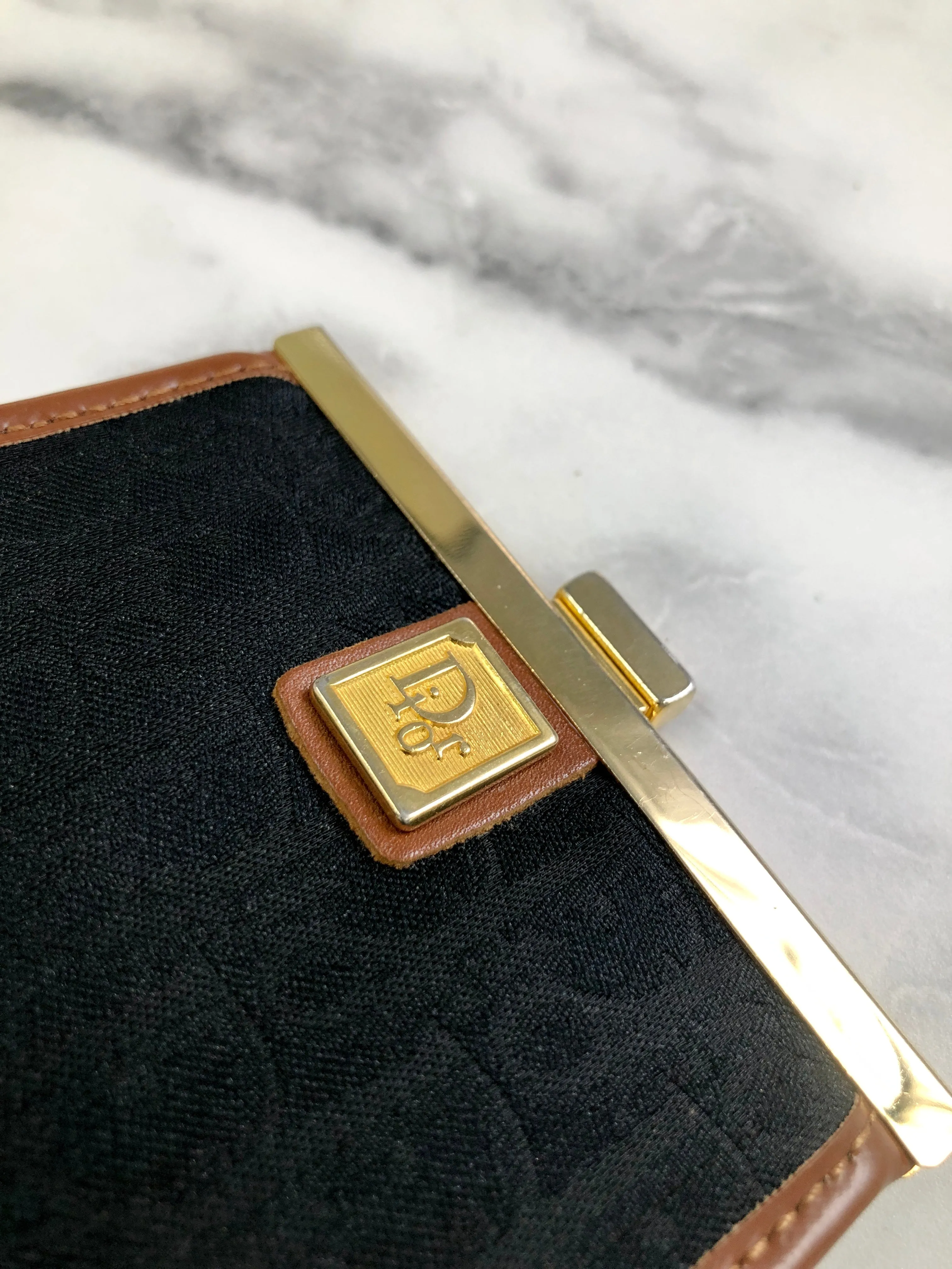 Christian Dior Trotter Logo Metal Clasp Jacquard Coin Purse Black Camel Vintage 5w6fms