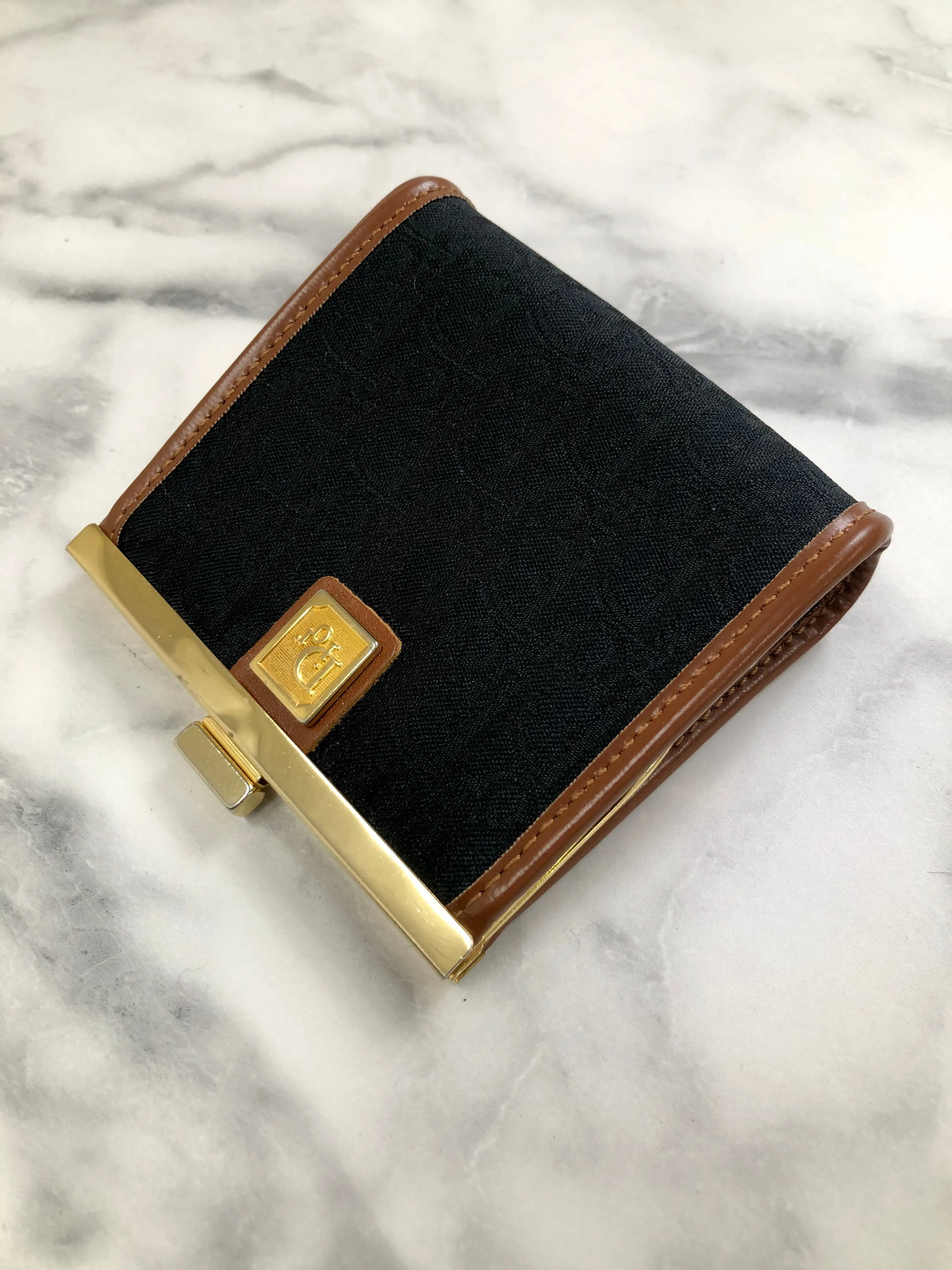 Christian Dior Trotter Logo Metal Clasp Jacquard Coin Purse Black Camel Vintage 5w6fms