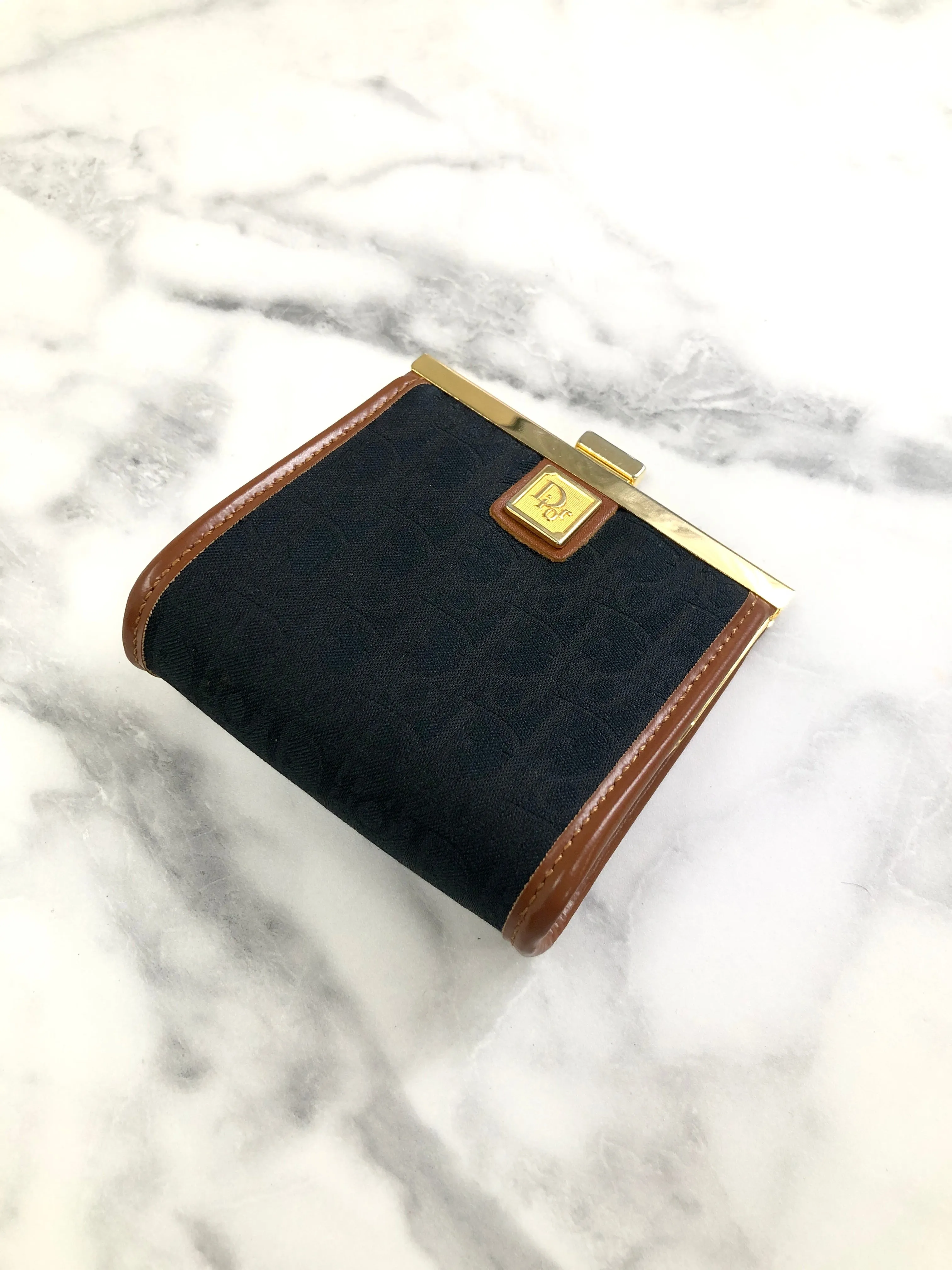 Christian Dior Trotter Logo Metal Clasp Jacquard Coin Purse Black Camel Vintage 5w6fms