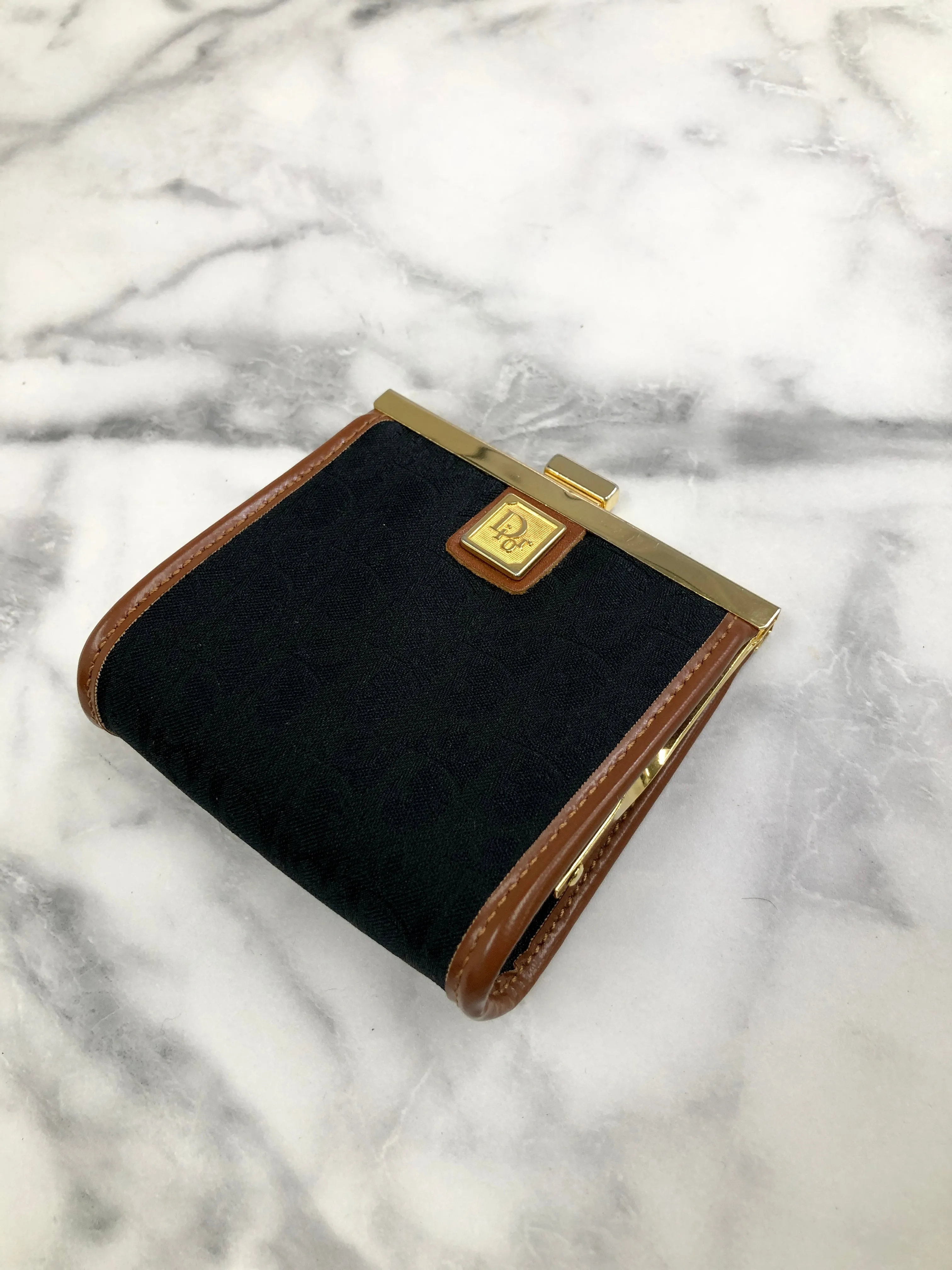 Christian Dior Trotter Logo Metal Clasp Jacquard Coin Purse Black Camel Vintage 5w6fms