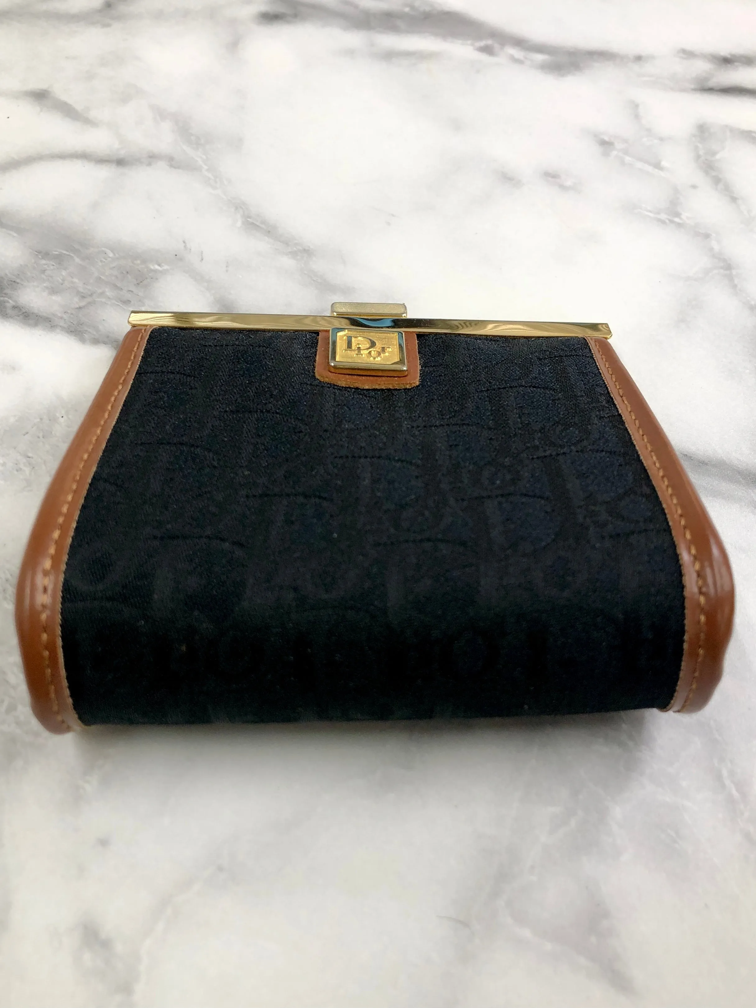 Christian Dior Trotter Logo Metal Clasp Jacquard Coin Purse Black Camel Vintage 5w6fms