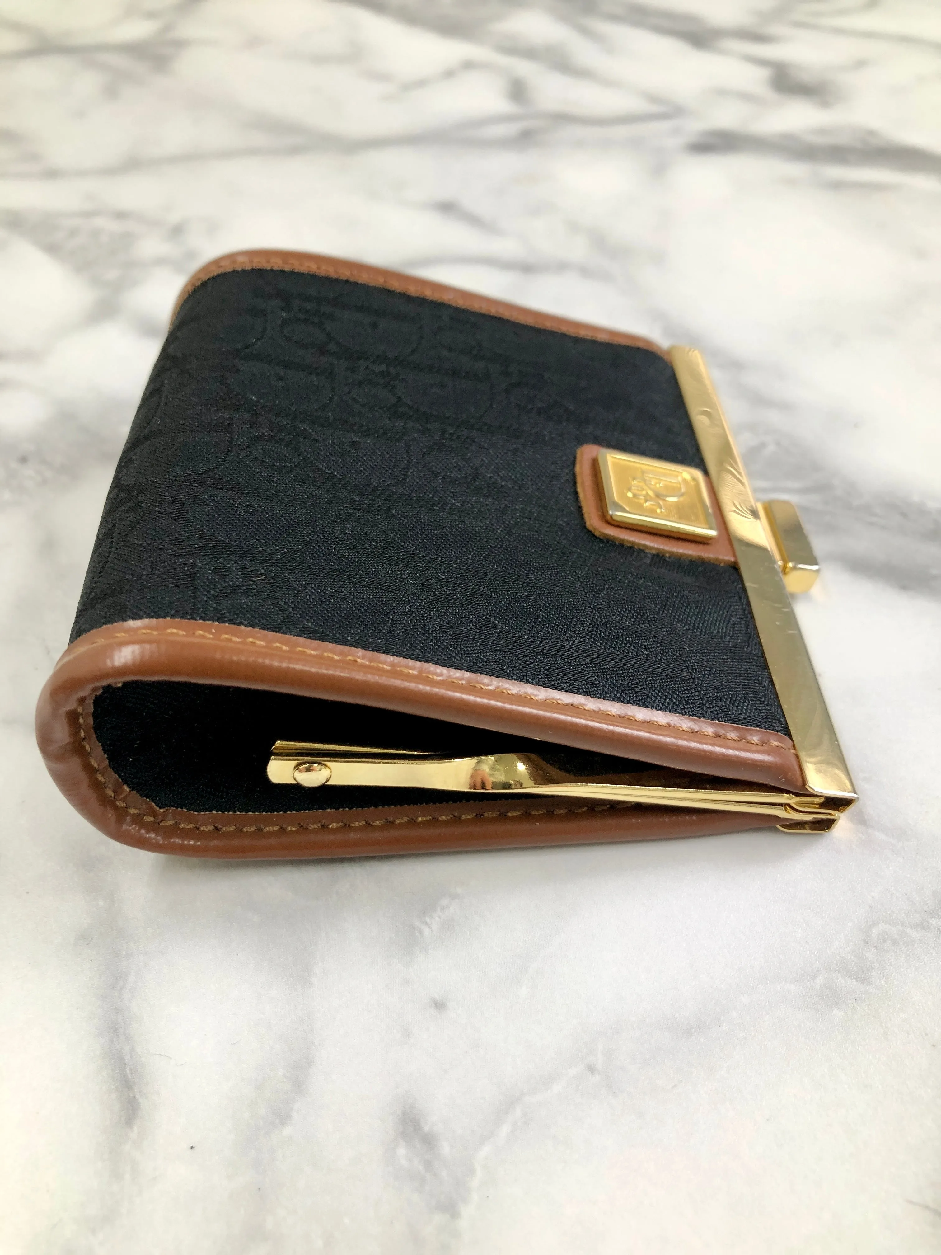 Christian Dior Trotter Logo Metal Clasp Jacquard Coin Purse Black Camel Vintage 5w6fms
