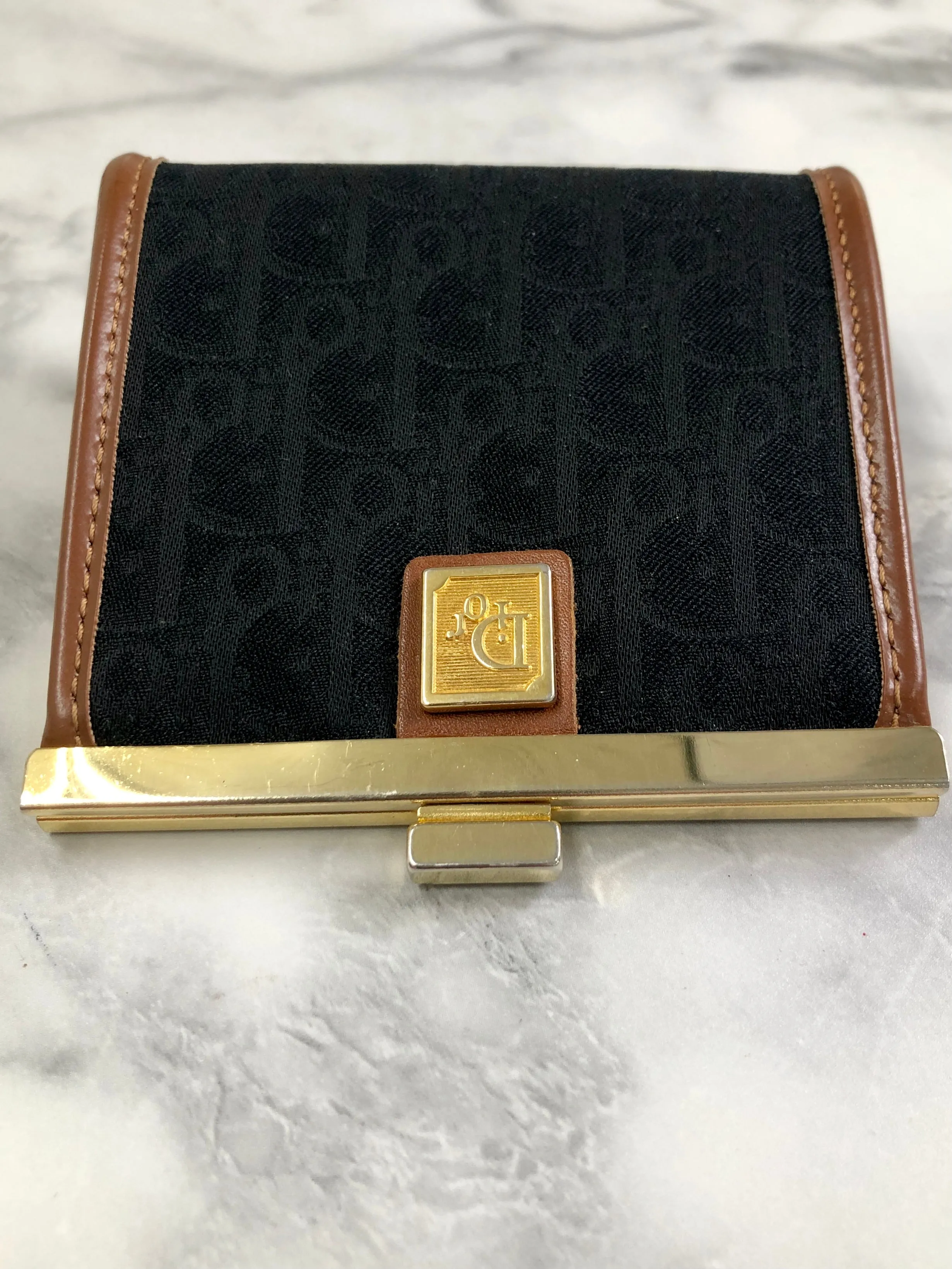 Christian Dior Trotter Logo Metal Clasp Jacquard Coin Purse Black Camel Vintage 5w6fms