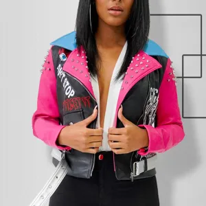 Contrast Print PU Rivet Zipper Design Long Sleeve Blazer Coat With Belt