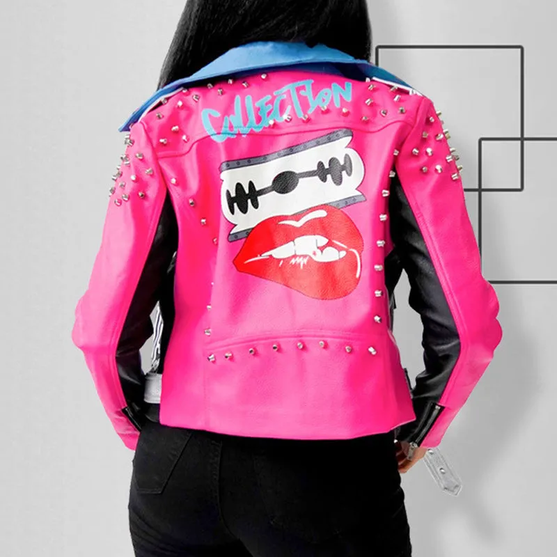 Contrast Print PU Rivet Zipper Design Long Sleeve Blazer Coat With Belt