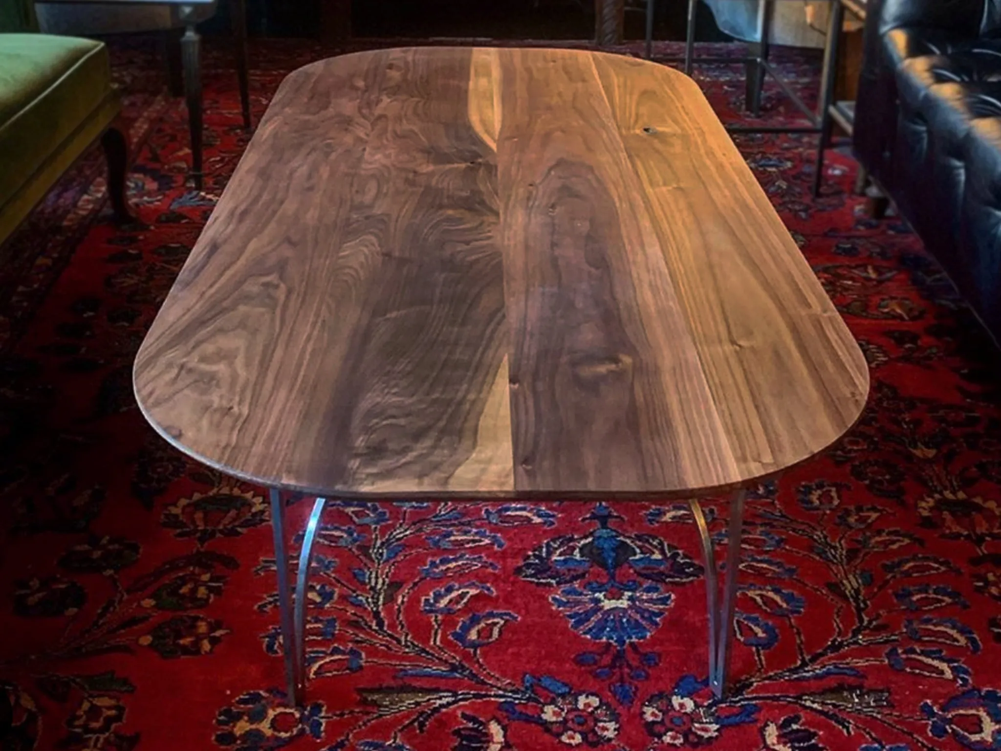 Custom Walnut & Metal Racetrack Coffee Table