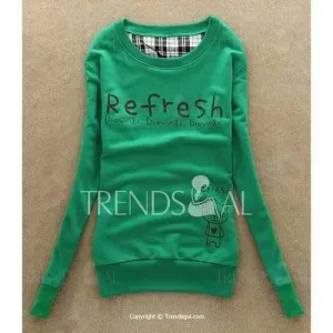 Cute Scoop Neck Long Sleeve Print Sweatshirt For Women - Green One Size