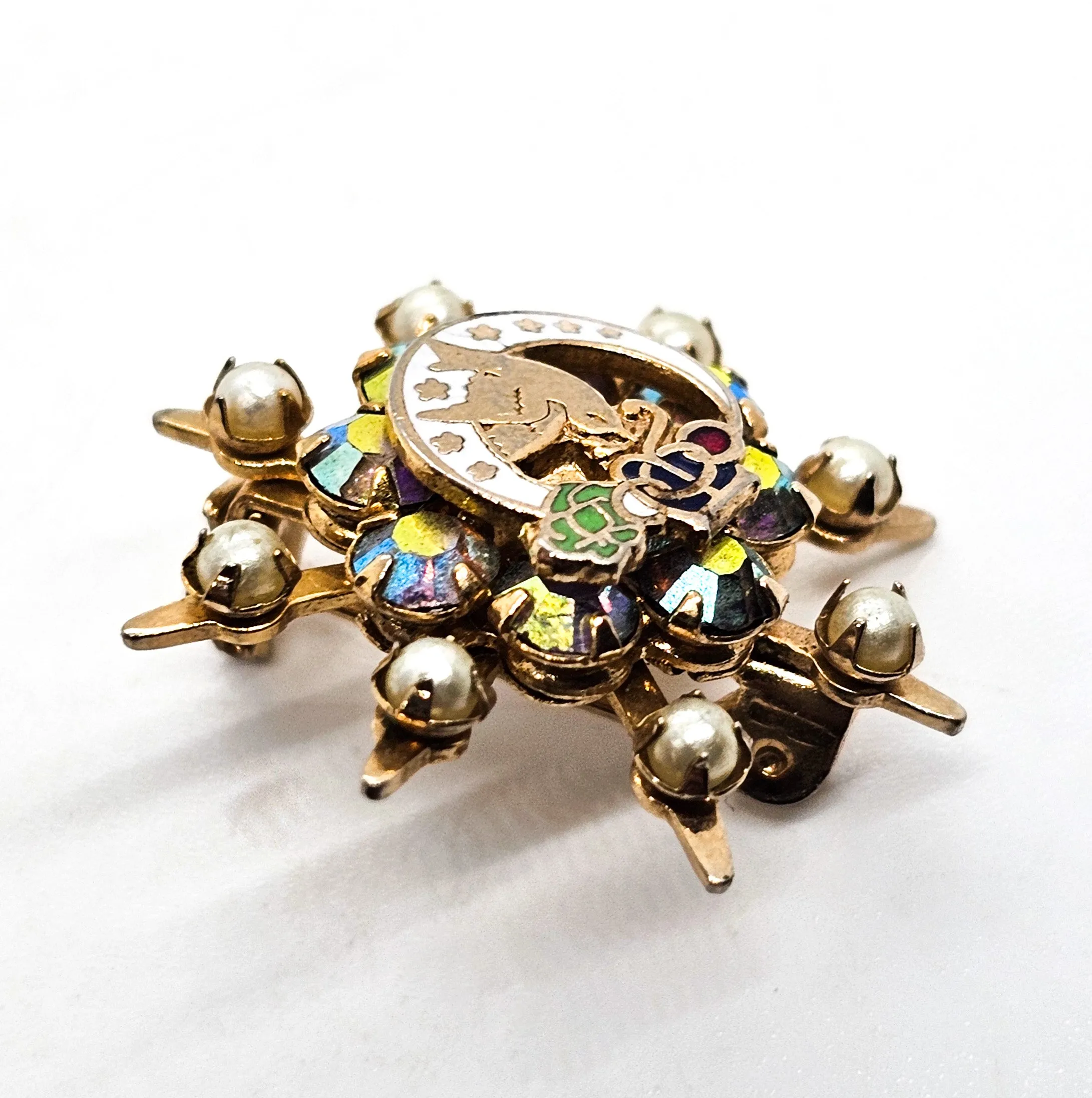Daughters of Rebeka Enamel faux Pearl Aurora borealis rhinestone vintage brooch