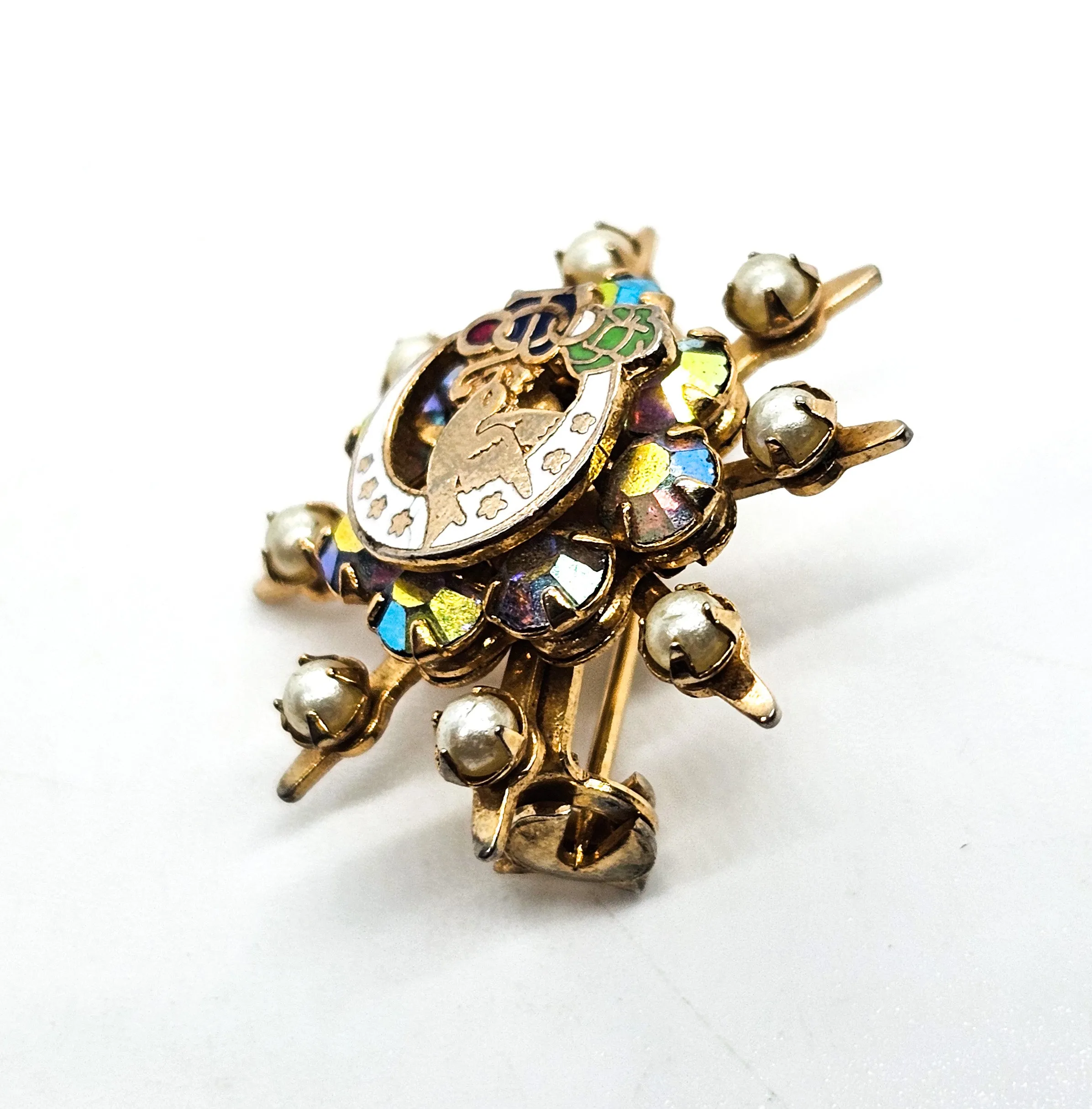Daughters of Rebeka Enamel faux Pearl Aurora borealis rhinestone vintage brooch