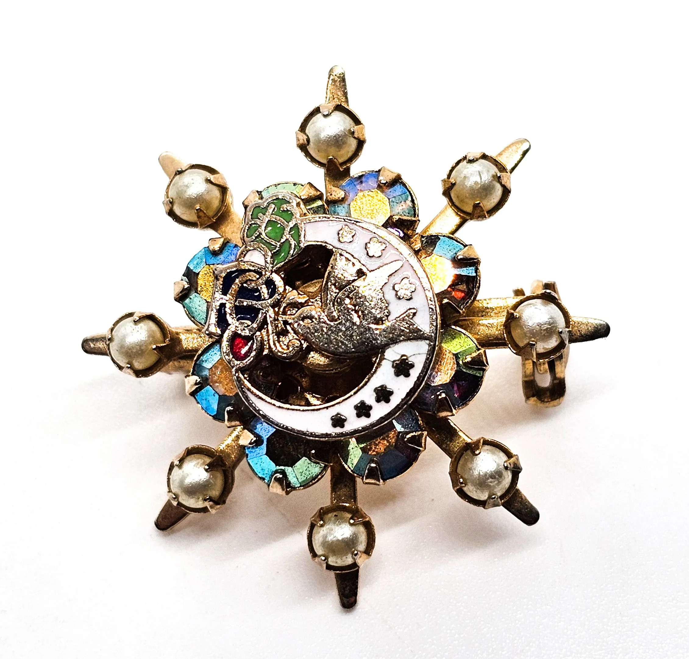 Daughters of Rebeka Enamel faux Pearl Aurora borealis rhinestone vintage brooch