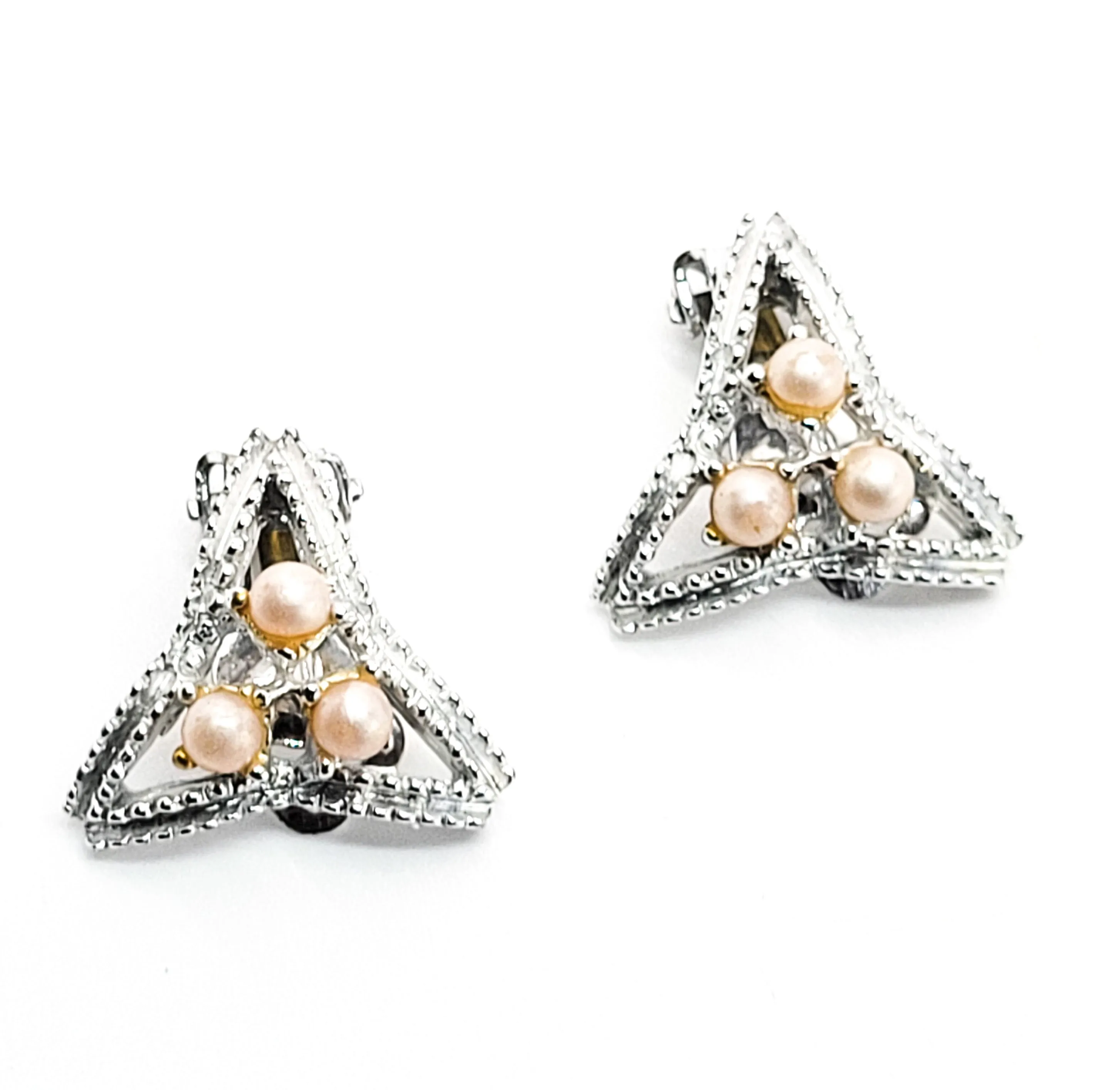 Dodds signed faux cream pearl silver toned vintage triangle clip on earrings mid century