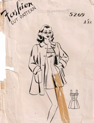 Fashion 5269 RARE Womens Pinup Style Playsuit & Beach Swing Coat 1940s Vintage Sewing Pattern Bust 34 inches