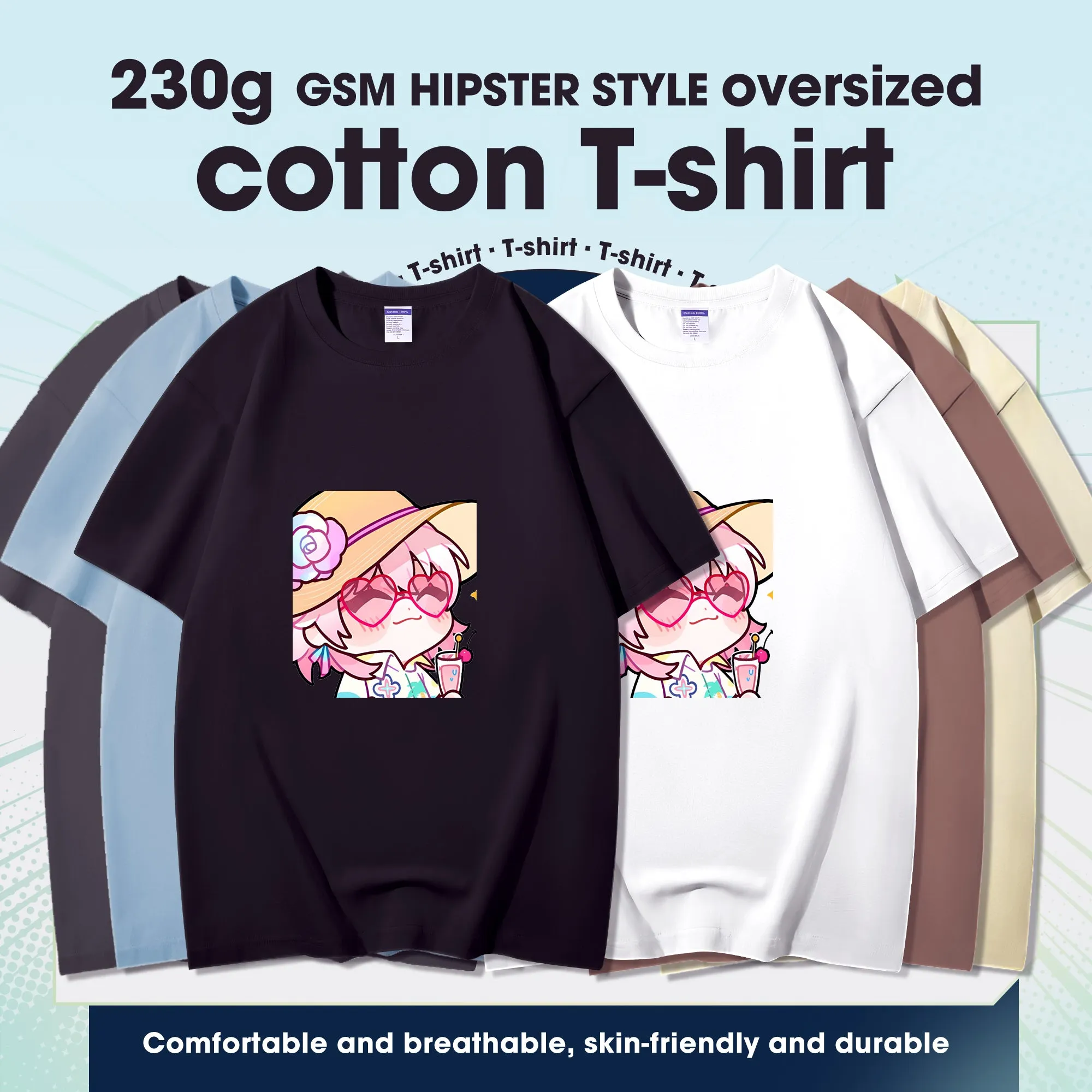 Fashion Anime Honkai: Star Rail March 7th 230g GSM Hipster Style Oversized Cotton T-shirt