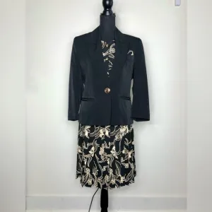 Fashion Black Blazer &amp; Floral Print Skirt Suit Set - Petites