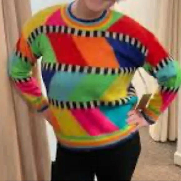 FASHION CONCEPTS Women's Multi-color Rainbow Diagonals Sweater Top LS Large NEW