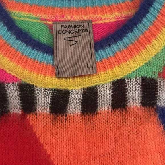 FASHION CONCEPTS Women's Multi-color Rainbow Diagonals Sweater Top LS Large NEW