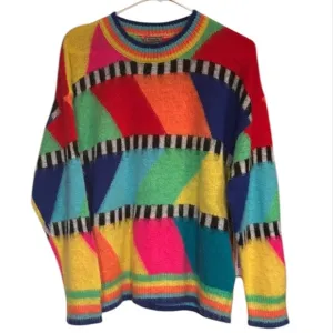 FASHION CONCEPTS Women's Multi-color Rainbow Diagonals Sweater Top LS Large NEW