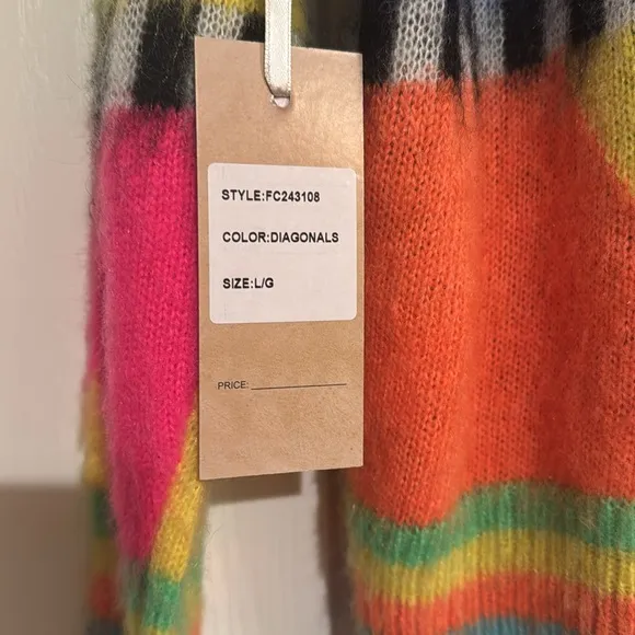 FASHION CONCEPTS Women's Multi-color Rainbow Diagonals Sweater Top LS Large NEW