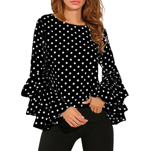 Fashion Women's Bell Sleeve Loose Polka Dot  Blouse