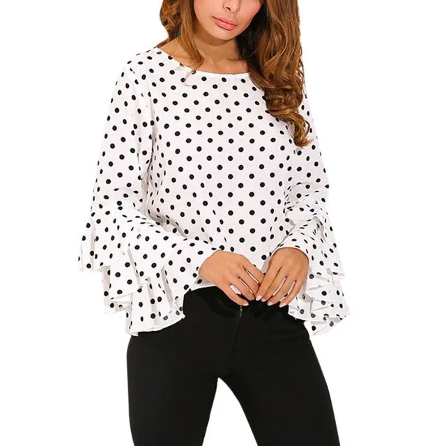 Fashion Women's Bell Sleeve Loose Polka Dot  Blouse