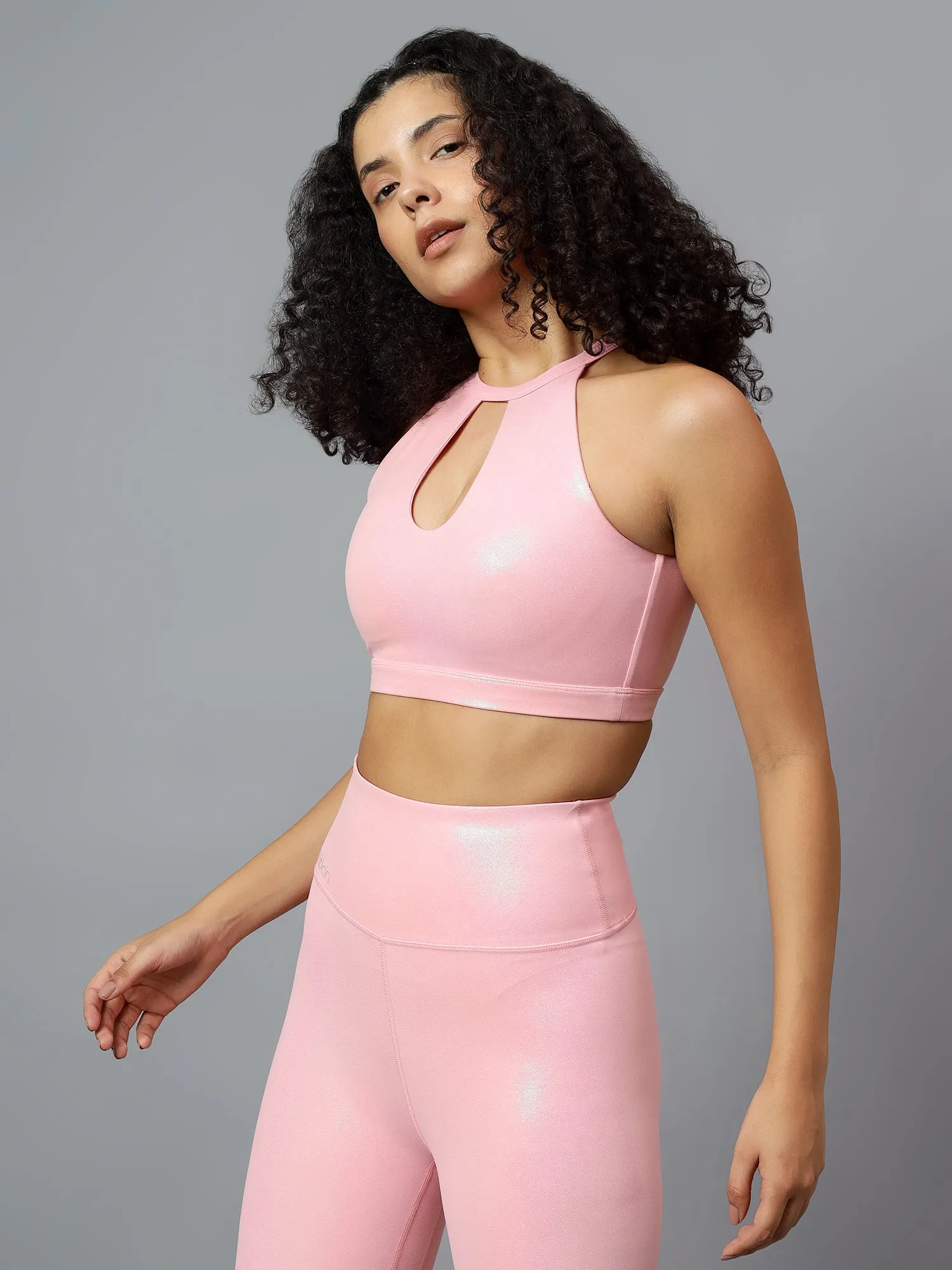 Fitkin Womens Pink Shine On Halter Style Sports Bra