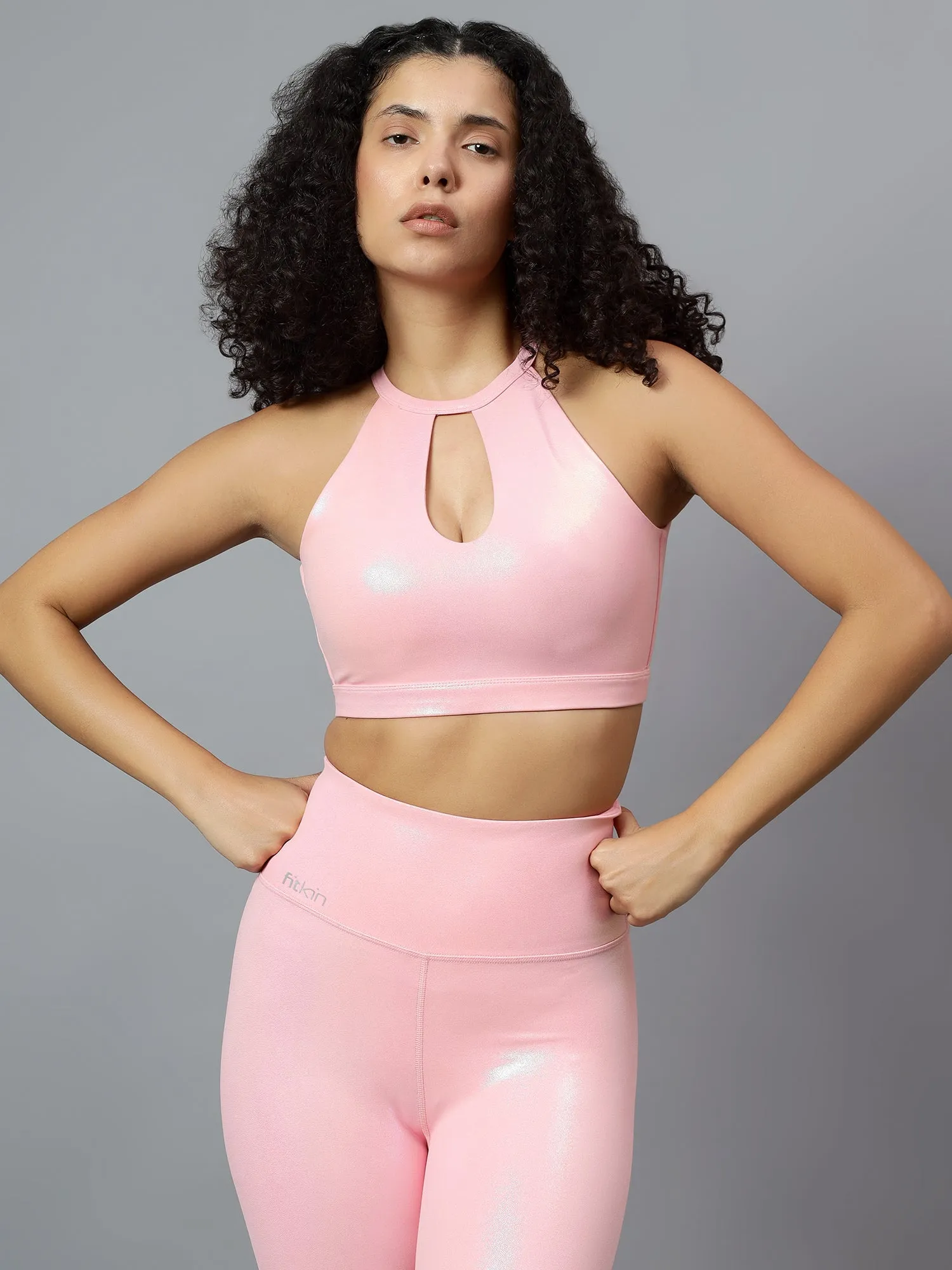 Fitkin Womens Pink Shine On Halter Style Sports Bra