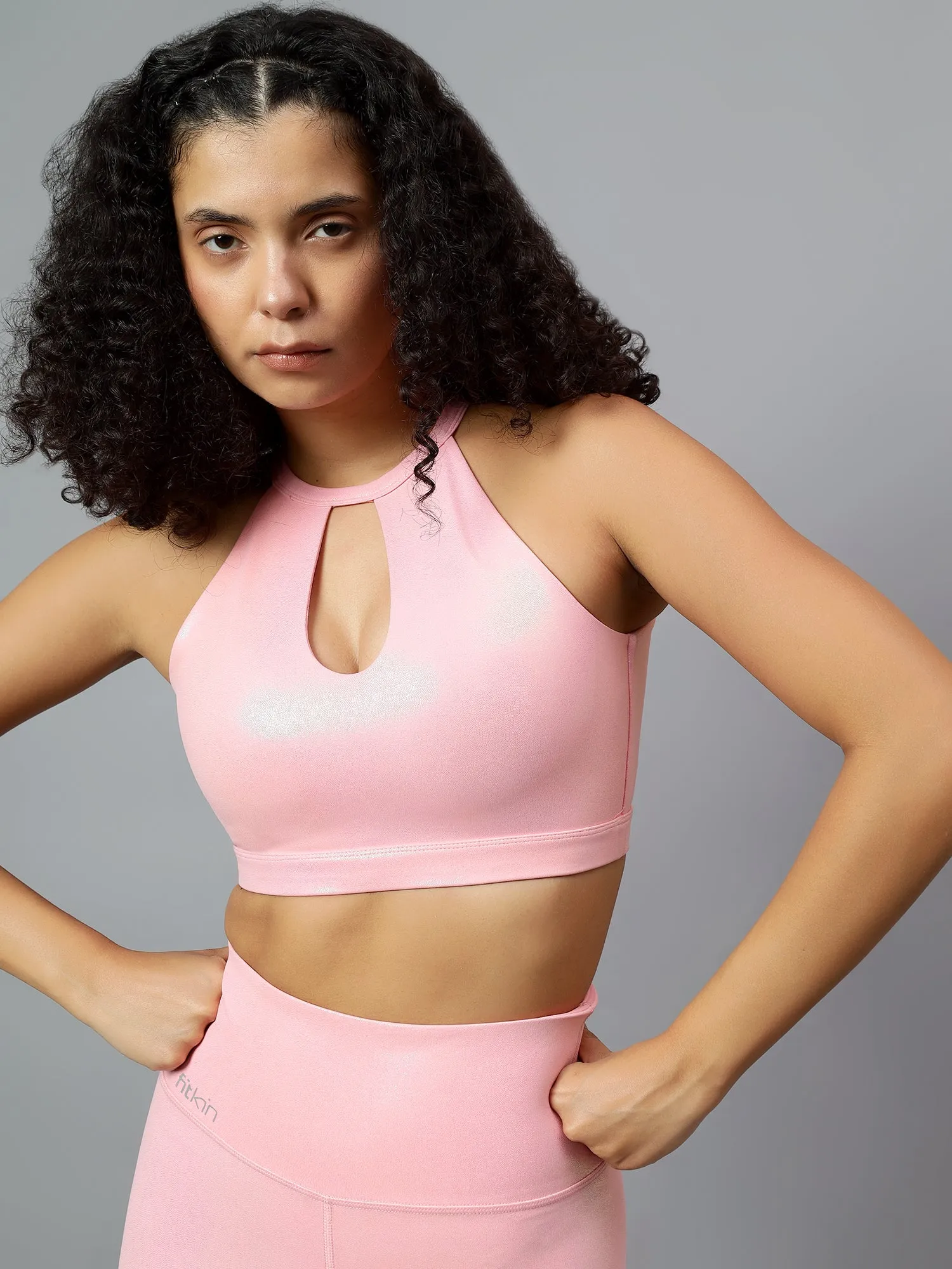 Fitkin Womens Pink Shine On Halter Style Sports Bra