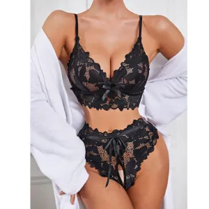 Floral Pattern Lace Cut Out Lingerie Set