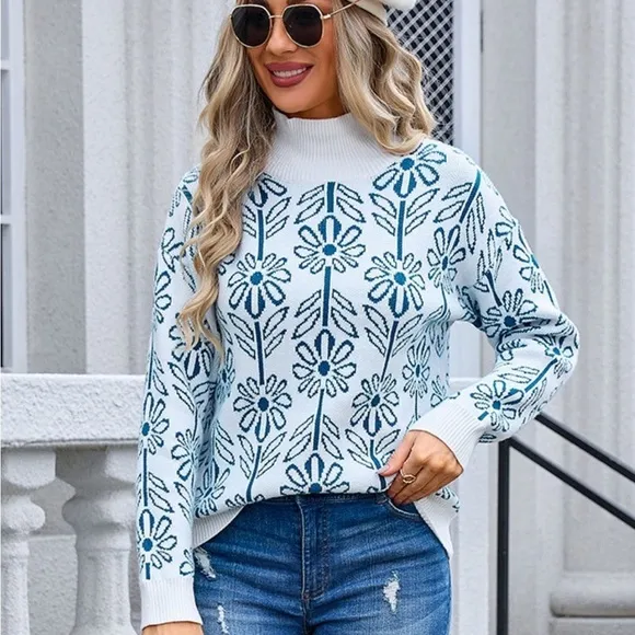 Flower Turtleneck Long Sleeve Sweater Blue