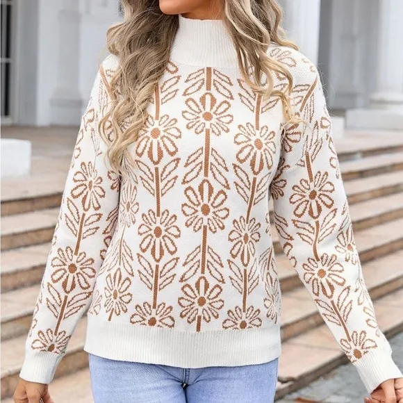Flower Turtleneck Long Sleeve Sweater Blue