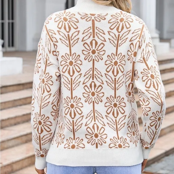 Flower Turtleneck Long Sleeve Sweater Blue