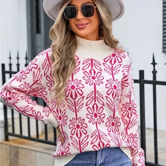 Flower Turtleneck Long Sleeve Sweater Blue