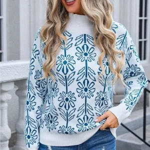 Flower Turtleneck Long Sleeve Sweater Blue