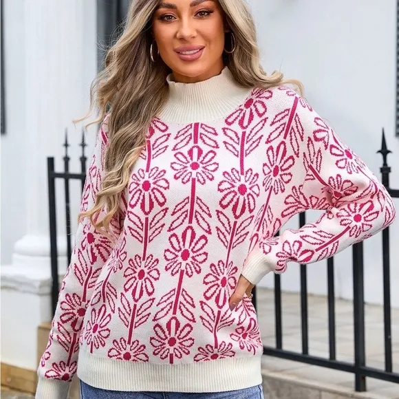 Flower Turtleneck Long Sleeve Sweater Blue