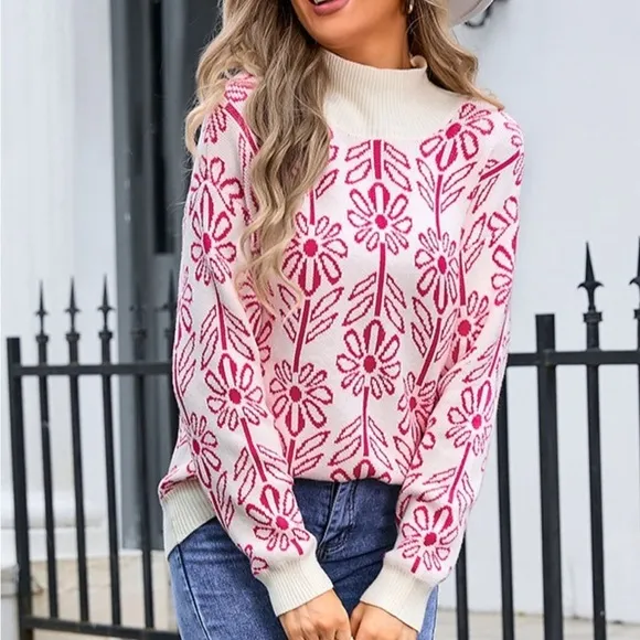 Flower Turtleneck Long Sleeve Sweater Blue