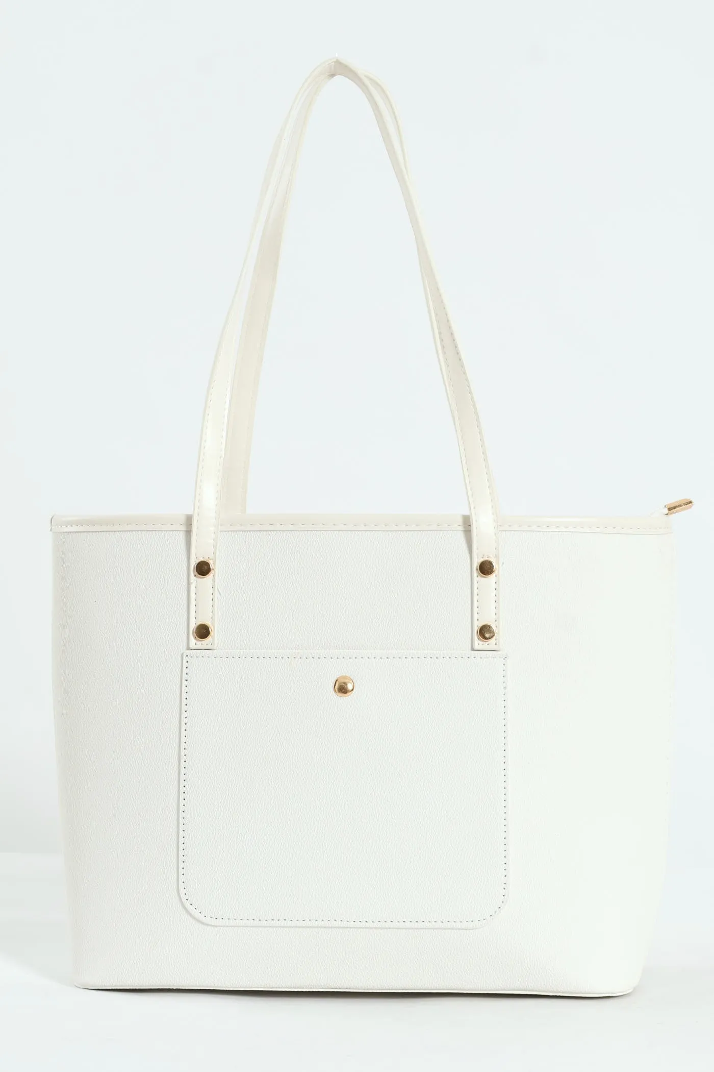 Front Pocket Gold Trim Shopper - White