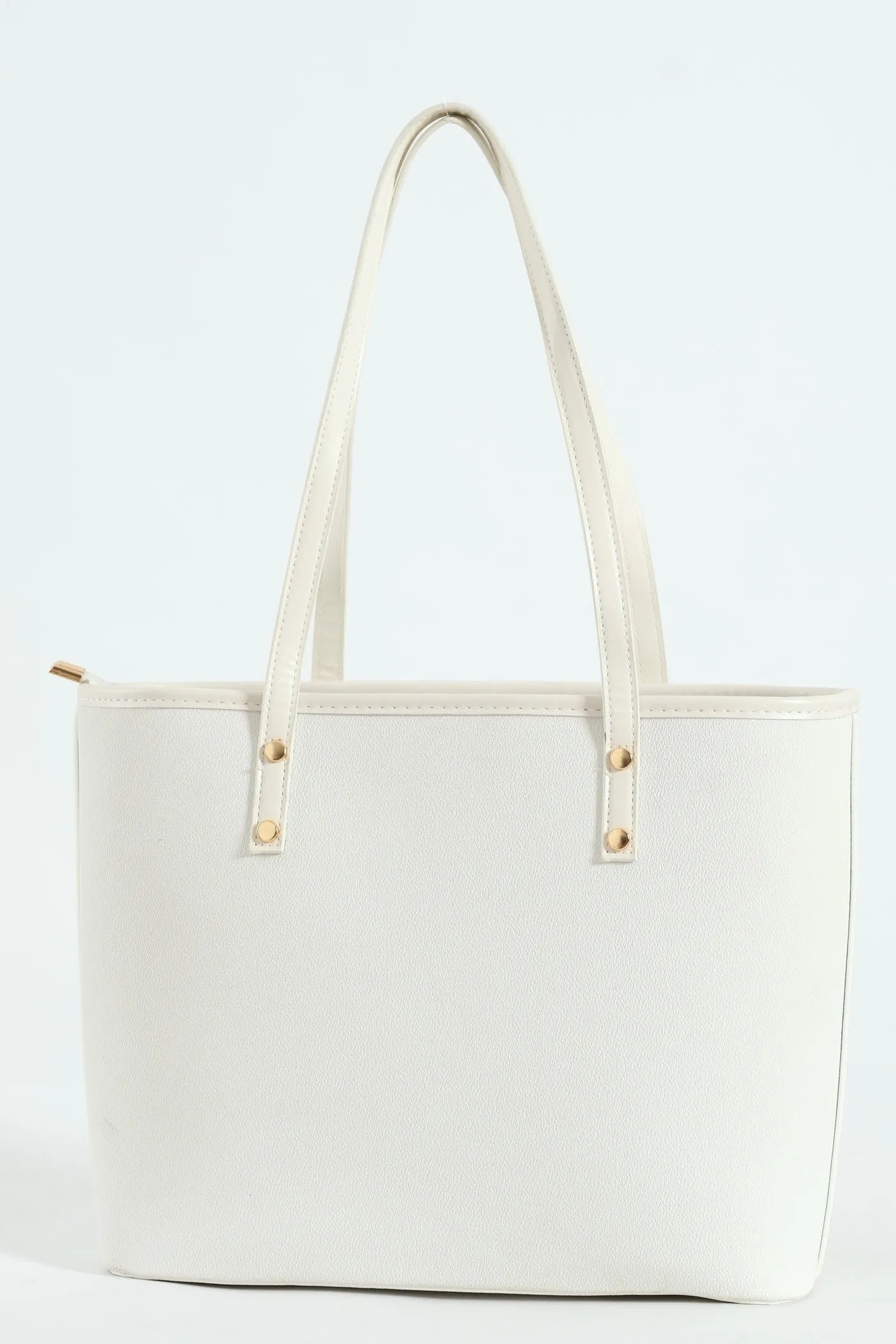 Front Pocket Gold Trim Shopper - White