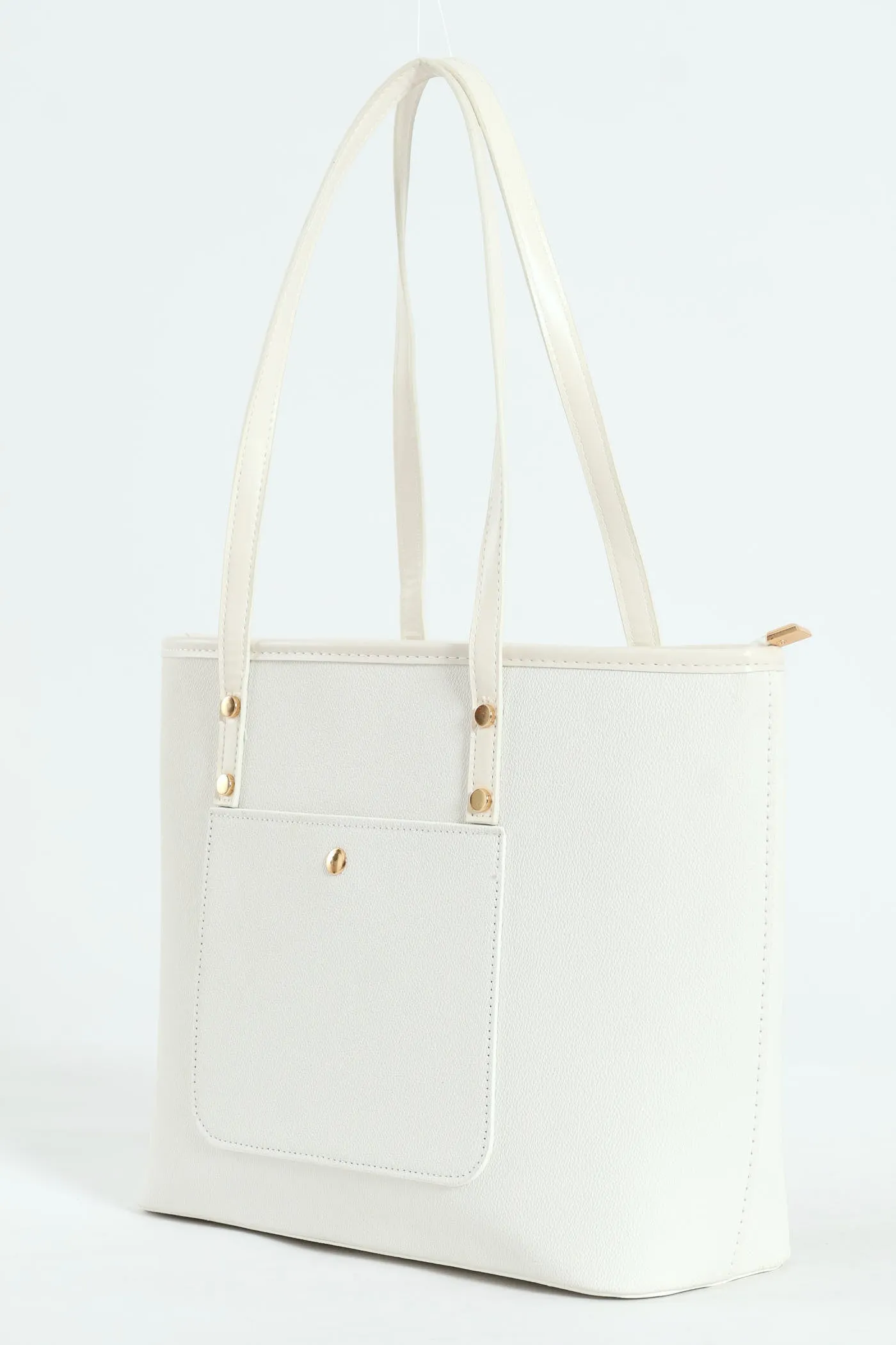 Front Pocket Gold Trim Shopper - White