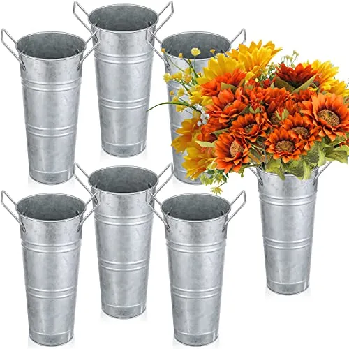Galvanized Metal Flower Vase 9 Inches Set of 6 French Bucket with Handles Farmhouse Flower Buckets for Cut Flowers Rustic Galvanized Vase for Wedding Home Table Centerpiece Arrangements Decor