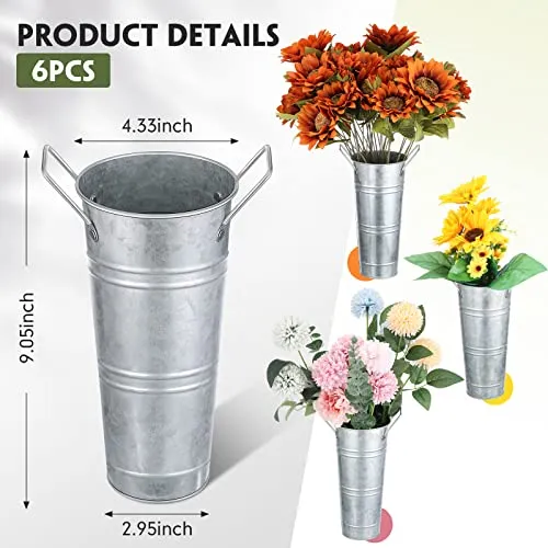 Galvanized Metal Flower Vase 9 Inches Set of 6 French Bucket with Handles Farmhouse Flower Buckets for Cut Flowers Rustic Galvanized Vase for Wedding Home Table Centerpiece Arrangements Decor