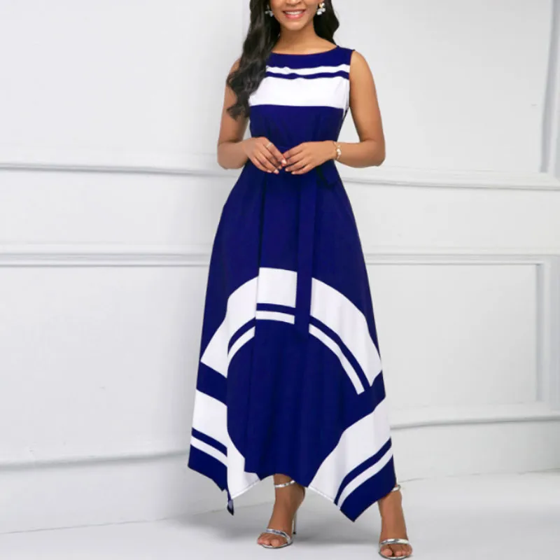 Geometric Print Sleeveless Irregular Maxi Dress