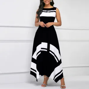 Geometric Print Sleeveless Irregular Maxi Dress
